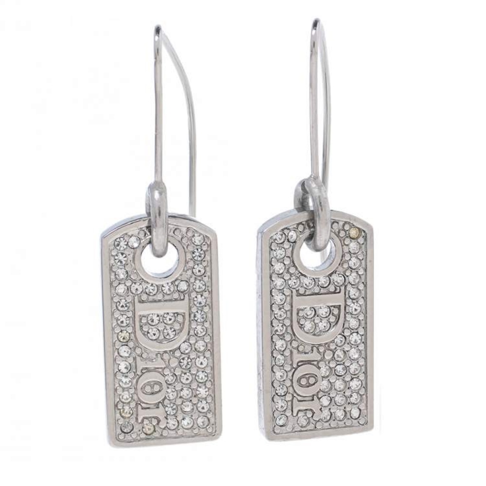 VTG AUTH Christian Dior Silver Rhinestone Logo Dog Tag Hook Charm Earrings - Picture 2 of 7